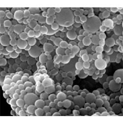 SEM-pictures of particles prepared from 2%, sonication 14s at 32W (source: The Fastest and Most Simple Method For Producing Biodegradable Nanospheres - S. Freitas, G. Hielscher, H. P. Merkle, B. Gander (Swiss Society of Biomaterials))