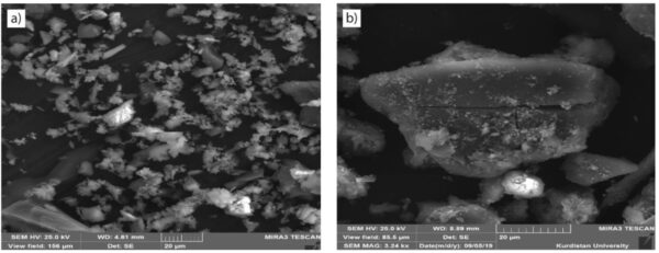 Images FESEM de cendres de charbon brutes : (a) avant la lixiviation des cendres de charbon, (b) après la lixiviation par ultrasons. Étude de Masoum et al., 2021
