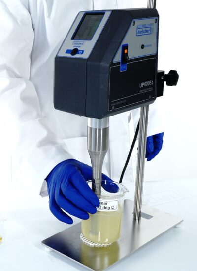 Ultrasonic probes use the forces of acoustic cavitation to test sonic shear stability of hydraulic fluids