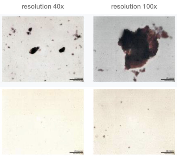 Microscoopbeelden die het verloop van het ultrasoon malen van een magenta-pigment op oliebasis weergeven