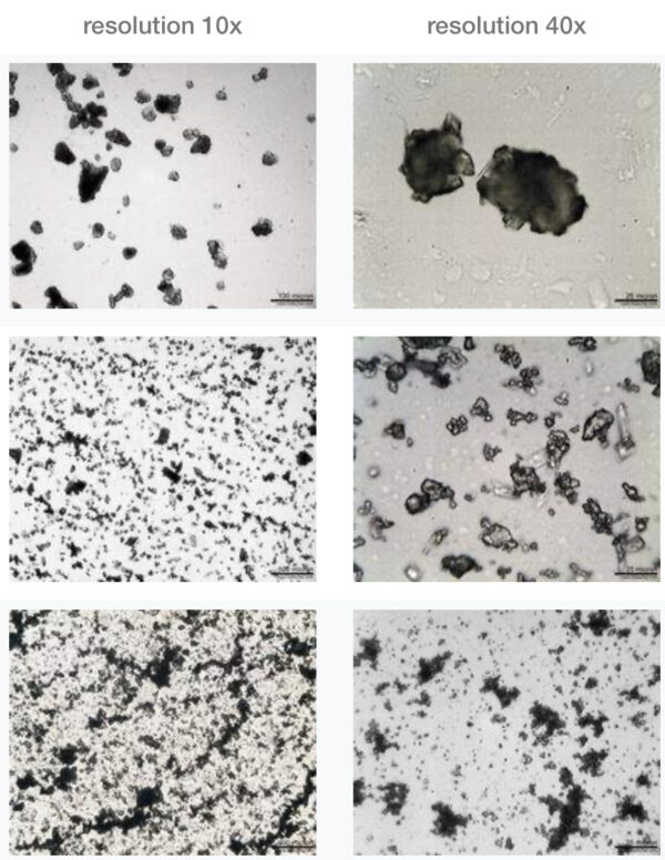 Microscoopbeelden die het verloop weergeven van het ultrasoon malen van natriumcarbonaat (Na₂CO₃) in isopropanol. Natriumcarbonaat (Na₂CO₃) staat ook bekend als wassoda of soda.