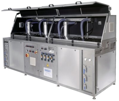 Lõputute materjalide, nagu juhtmed, vardad, torud või voolikud, tööstuslik puhastamine on väga tõhus, mida täidetakse Hielscher Ultrasonics inline puhastusvahenditega.