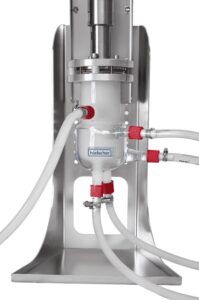 Sonicator UIP1000hdT with flow cell for the continuous emulsification of water-in-paraffin wax emulsions for candles and other wax products
