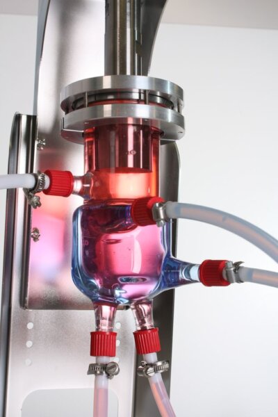 Ultrasonic glass flow reactors are used in lab and industrial setting for emulsification, dispersion, homogenisation, mixing, extraction, disintegration, and sonochemical reactions (e.g., sono-synthesis, sono-catalysis)